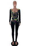 Red Fashion Casual Camouflage Print Patchwork U Neck Skinny Jumpsuits