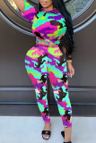 Yellow Casual Camouflage Print Patchwork O Neck Short Sleeve Two Pieces