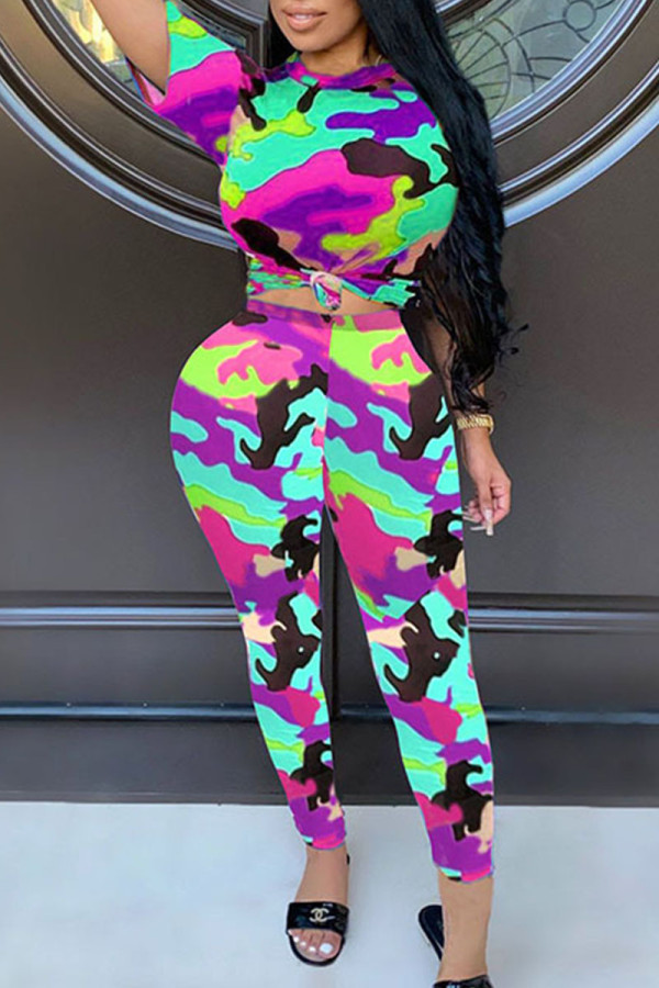 Purple Casual Camouflage Print Patchwork O Neck Short Sleeve Two Pieces