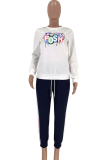 White Casual Print Letter O Neck Long Sleeve Two Pieces
