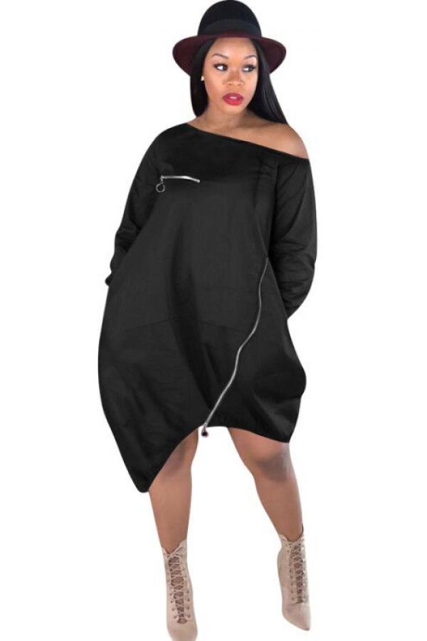 Black Sexy Fashion One Shoulder Long Sleeves One word collar Lantern skirt Knee-Length chain Pat