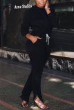 Pink Casual Solid Draw String O Neck Long Sleeve Two Pieces
