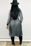 Grey Sexy Cap Sleeve Long Sleeves O neck Pleated Knee-Length Solid Draped