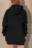 Black Fashion Casual Lips Printed Basic Hooded Collar Long Sleeve Dress