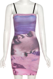 Pink Sexy Print Patchwork Spaghetti Strap Pencil Skirt Dresses