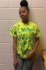 Green O Neck Short Sleeve Print Patchwork Tees & T-shirts