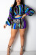 Blue Sexy Striped Print Patchwork O Neck Long Sleeve Two Pieces