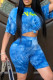 Blue Fashion Casual Letter Print Tie-dye O Neck Short Sleeve Two Pieces