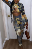 Green Street Print Patchwork Tie-dye O Neck Long Sleeve Two Pieces