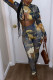 Green Street Print Patchwork Tie-dye O Neck Long Sleeve Two Pieces
