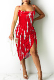 Red Celebrities Print Patchwork Draw String Fold Spaghetti Strap Irregular Dress Dresses