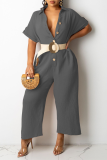 Burgundy Casual Solid Split Joint Turndown Collar Straight Jumpsuits(Without Belt)