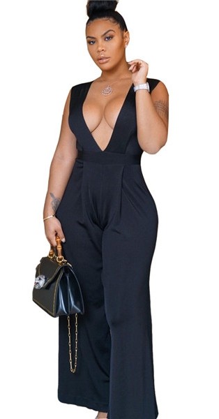 Black Hollow Out Backless Solid Casual Jumpsuits & Rompers
