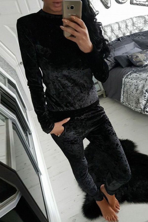 Black Casual Solid Patchwork O Neck Long Sleeve Two Pieces
