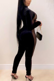 Black Sexy Solid Split Joint O Neck Skinny Jumpsuits
