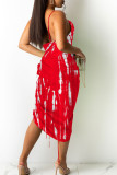 Red Celebrities Print Patchwork Draw String Fold Spaghetti Strap Irregular Dress Dresses