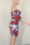 Wine Red Sexy Print Patchwork Bateau Neck Pencil Skirt Dresses