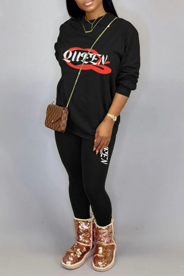 Black Fashion Casual Print Basic O Neck Long Sleeve Two Pieces