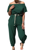 Red Fashion Casual Patchwork bandage Solid Short Sleeve one word collar Jumpsuits