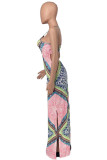 Multicolor Fashion Sexy Print Backless Slit Spaghetti Strap Sleeveless Dress
