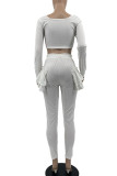 White Casual Solid Patchwork Flounce O Neck Long Sleeve Two Pieces