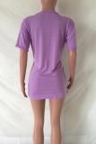 purple Spandex O Neck Short Sleeve Bandage Letter Slim fit Tees & T-shirts
