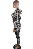Camouflage venetian Sexy Patchwork Print asymmetrical Straight Long Sleeve Two Pieces