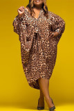 Brown Fashion Casual Leopard Printing V Neck Long Sleeve Dresses