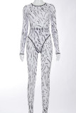 Black And White Casual Print Hollowed Out Patchwork O Neck Long Sleeve Two Pieces