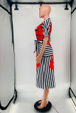 Red Casual Print Patchwork Turndown Collar Straight Dresses