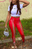Red Fashion Sexy Solid Hollowed Out Skinny Mid Waist Pencil Trousers