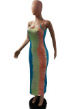 Blue Fashion Sexy Print Backless Spaghetti Strap Sleeveless Dress