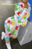 White Casual Print O Neck Long Sleeve Two Pieces