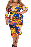 Red Fashion Sexy adult V Neck Patchwork Print ruffle Stitching Plus Size