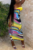 Yellow Fashion Sexy Print Backless Strapless Sleeveless Dress