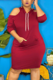 Wine Red Casual Solid Draw String Hooded Collar Tops