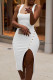 White Sexy Solid Patchwork Asymmetrical U Neck Pencil Skirt Dresses