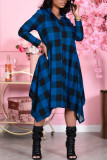 Blue British Style Plaid Turndown Collar Irregular Dress Dresses