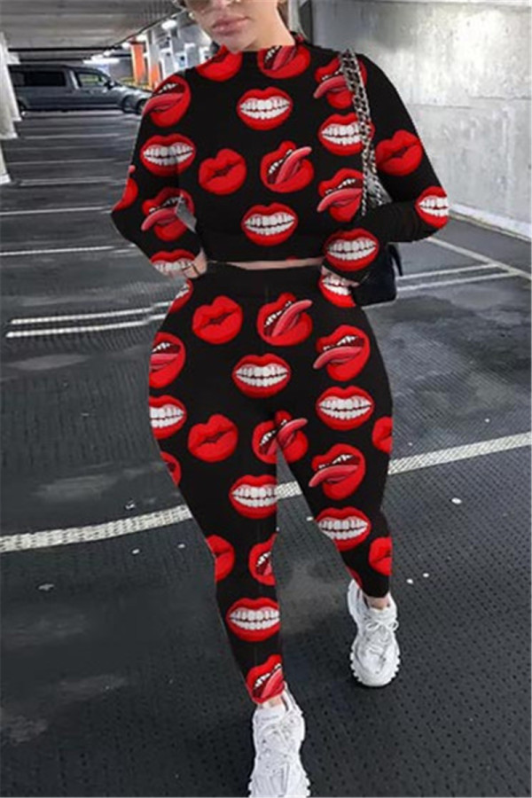 Red Fashion Casual Lips Printed Basic O Neck Long Sleeve Two Pieces