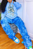 Light Blue Casual Print Patchwork Hooded Collar Tops