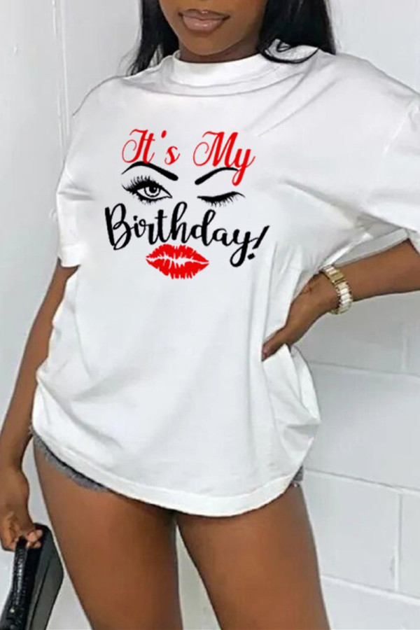 White Fashion Casual Print Basic O Neck T-Shirts