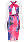 Multicolor Sexy Print Hollowed Out Halter Pencil Skirt Dresses