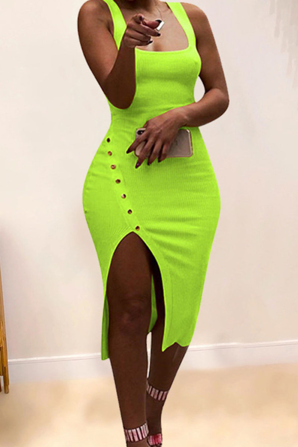 Fluorescent Green Sexy Solid Patchwork Asymmetrical U Neck Pencil Skirt Dresses
