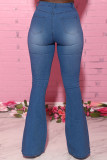 Blue Fashion Casual Solid Ripped Bandage High Waist Regular Jeans