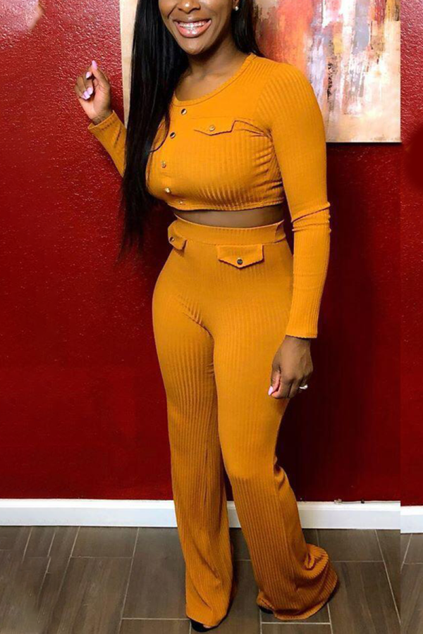 Yellow Sexy Solid Patchwork O Neck Long Sleeve Two Pieces