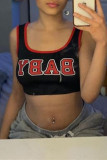 Black Casual Sportswear Letter Print Vests O Neck Tops