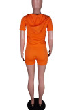 Tangerine Casual Solid Split Joint Cardigan Zipper Hooded Collar Short Sleeve Two Pieces