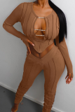 Brown Street Patchwork Hollowed Out See-through O Neck Long Sleeve Two Pieces
