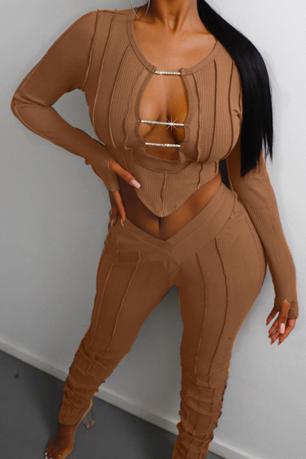 Brown Street Patchwork Hollowed Out See-through O Neck Long Sleeve Two Pieces