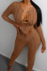 Brown Street Patchwork Hollowed Out See-through O Neck Long Sleeve Two Pieces